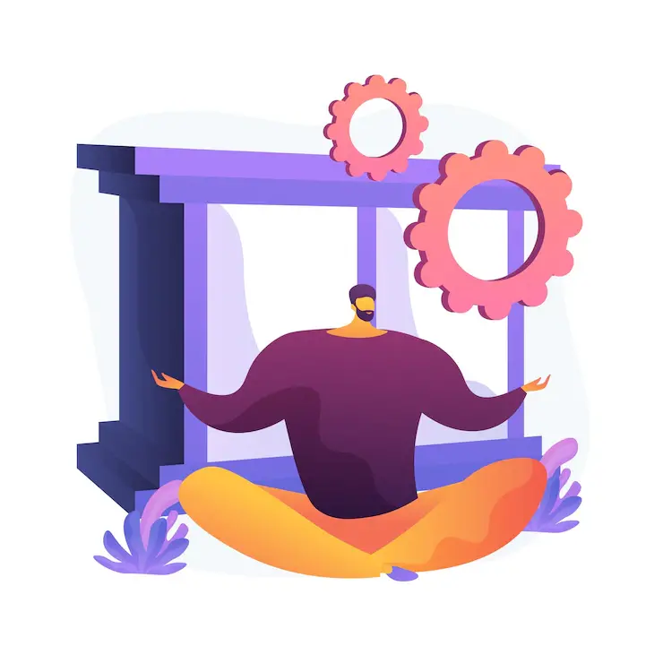 Reduction du stress activite relaxation personnage dessin anime homme assis posture lotus equilibre travail repos meditation relaxation equilibre illustration metaphore concept iso